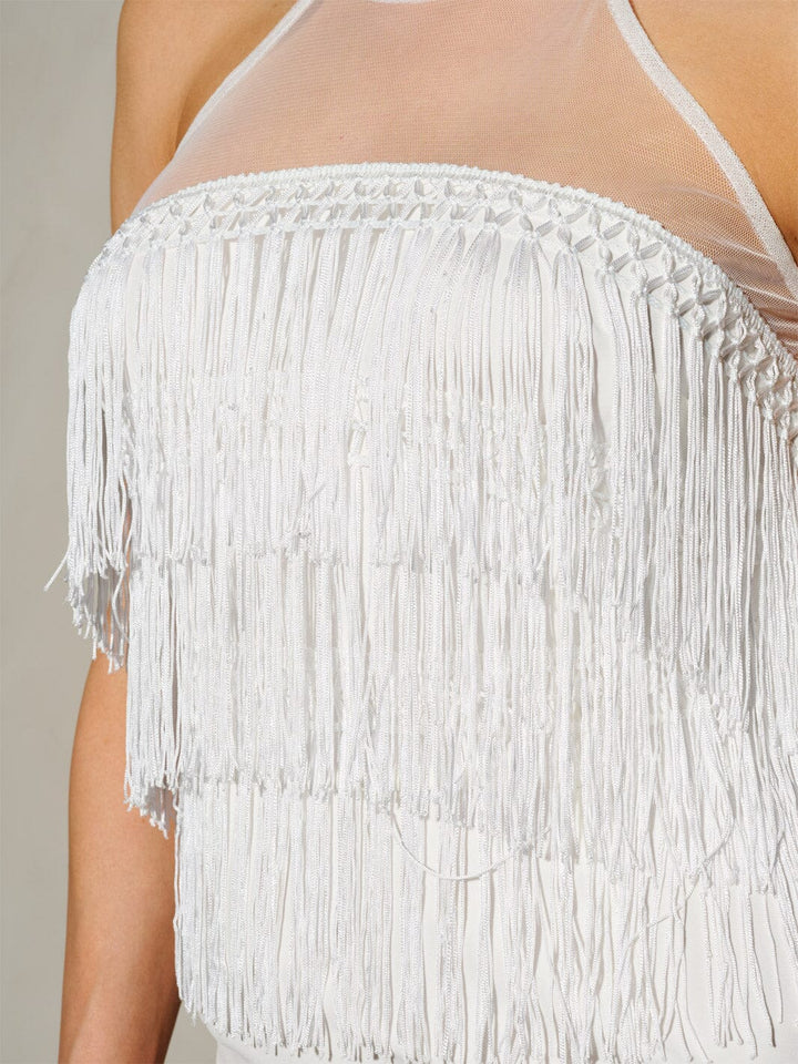 WOMEN'S SLEEVELESS HALTER NECK FRINGE DETAILED BODYCON MINI DRESS