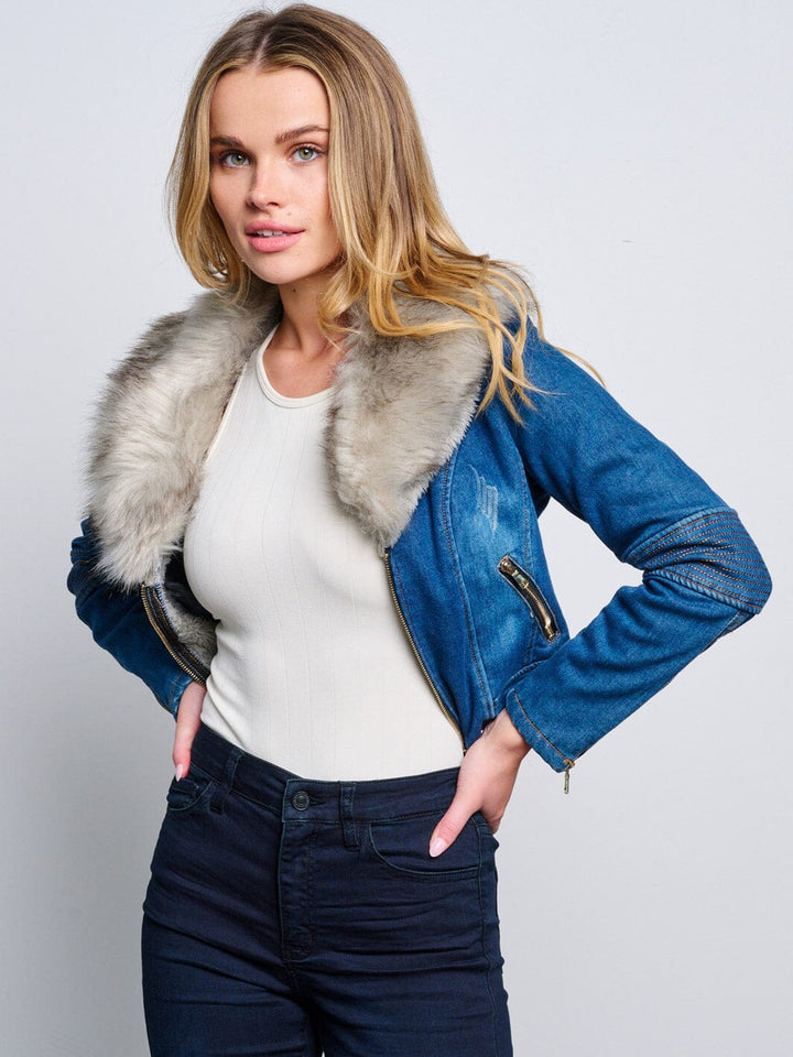 WOMEN'S LONG SLEEVE ZIP UP REMOVABLE COLLAR SHERPA DETAILED DENIM JACKET