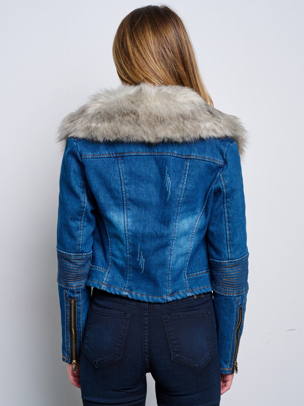 WOMEN'S LONG SLEEVE ZIP UP REMOVABLE COLLAR SHERPA DETAILED DENIM JACKET