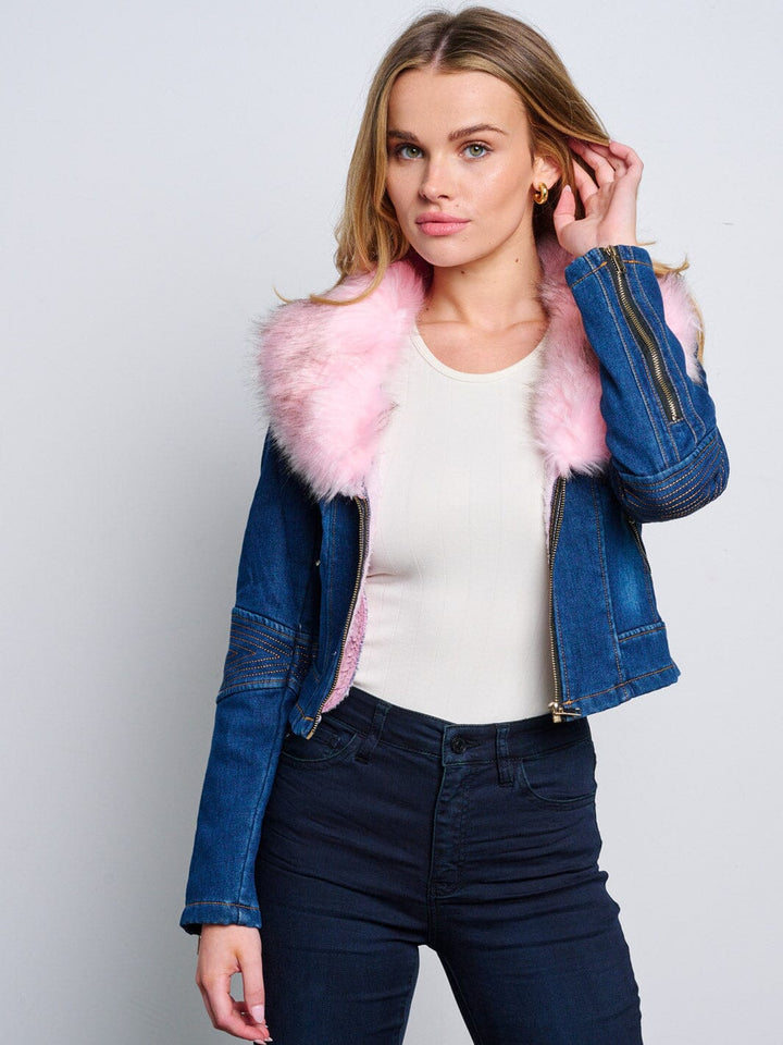 WOMEN'S LONG SLEEVE ZIP UP REMOVABLE COLLAR SHERPA DETAILED DENIM JACKET