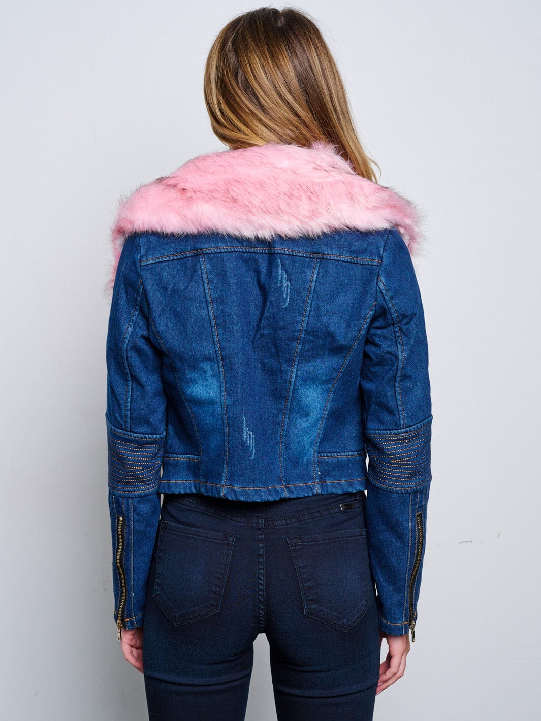 WOMEN'S LONG SLEEVE ZIP UP REMOVABLE COLLAR SHERPA DETAILED DENIM JACKET