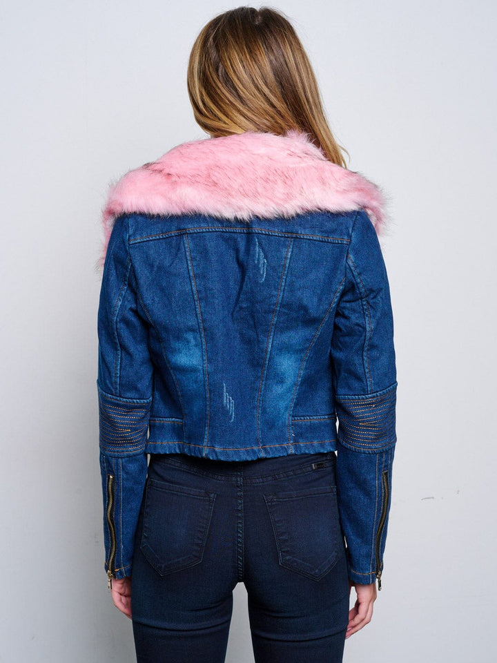 WOMEN'S LONG SLEEVE ZIP UP REMOVABLE COLLAR SHERPA DETAILED DENIM JACKET