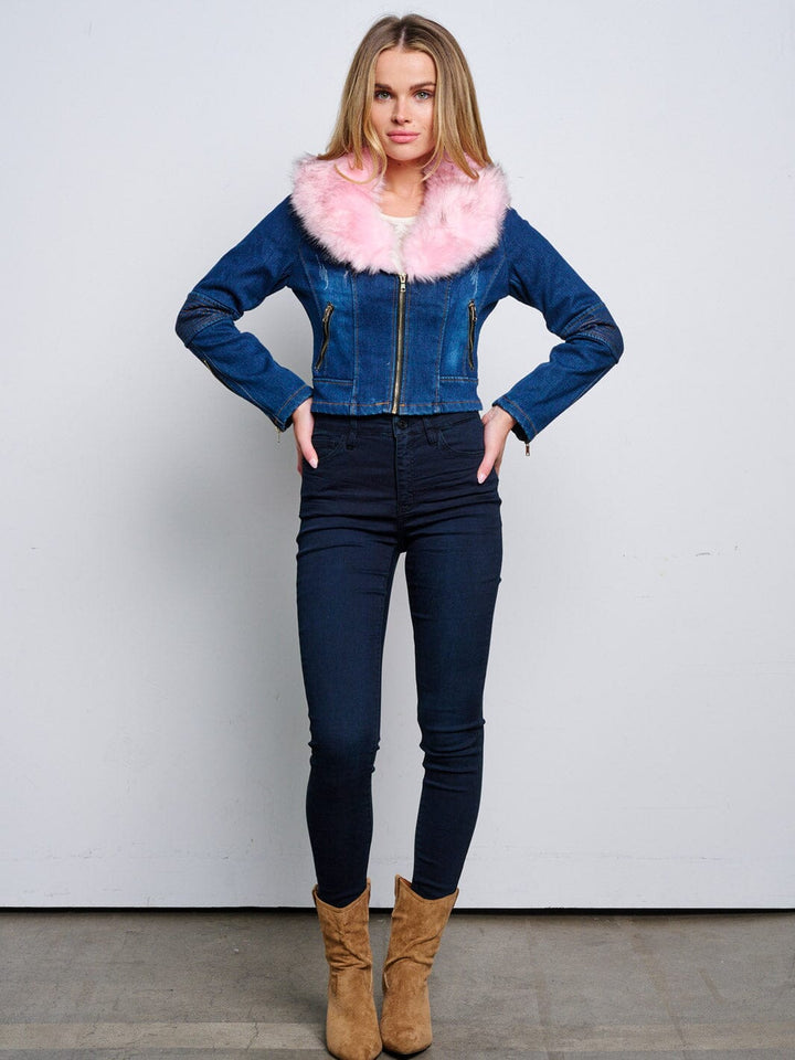 WOMEN'S LONG SLEEVE ZIP UP REMOVABLE COLLAR SHERPA DETAILED DENIM JACKET