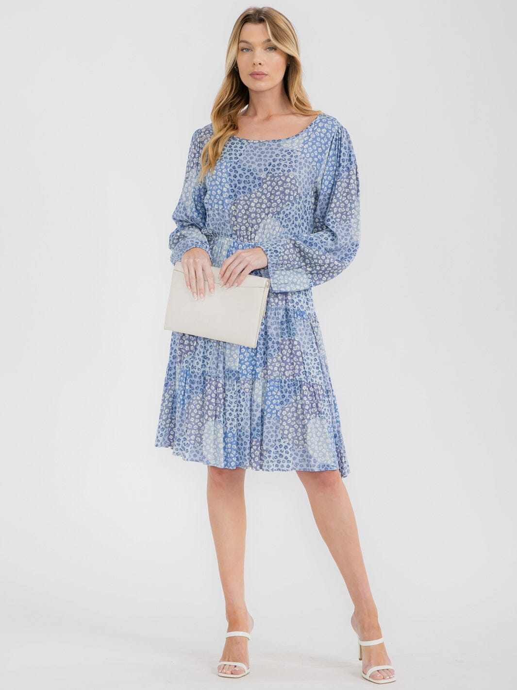 WOMEN'S LONG SLEEVES FRONT POCKETS TIERED FLORAL MIDI DRESS