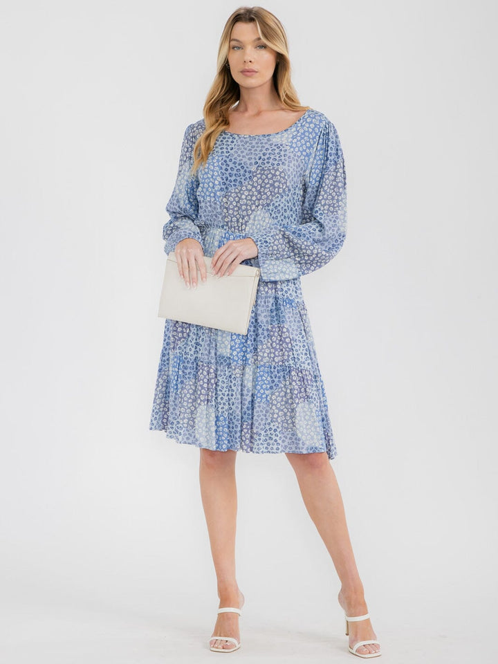 WOMEN'S LONG SLEEVES FRONT POCKETS TIERED FLORAL MIDI DRESS