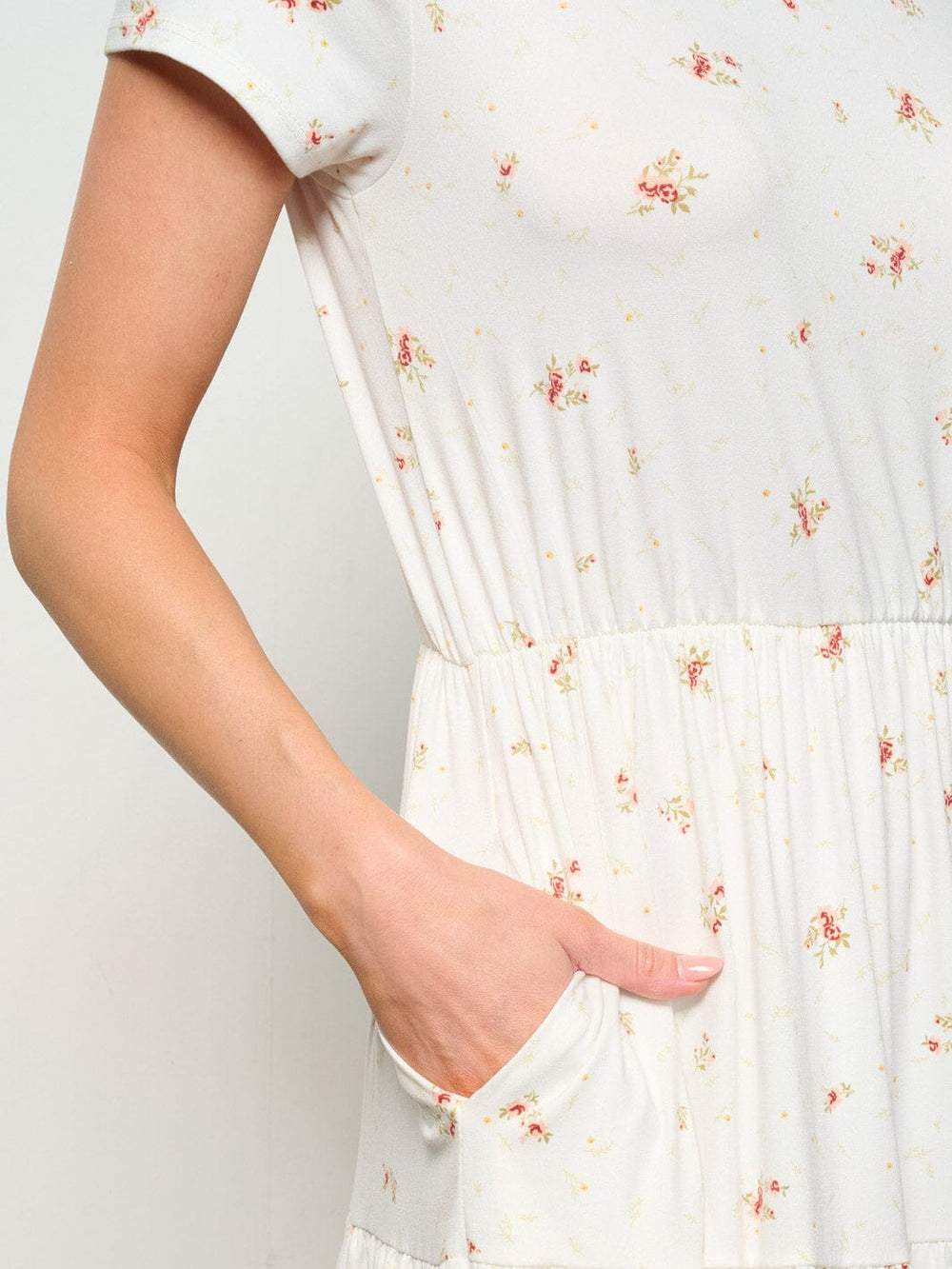WOMEN'S SHORT SLEEVE ELASTIC WAIST POCKETS FLORAL MINI DRESS