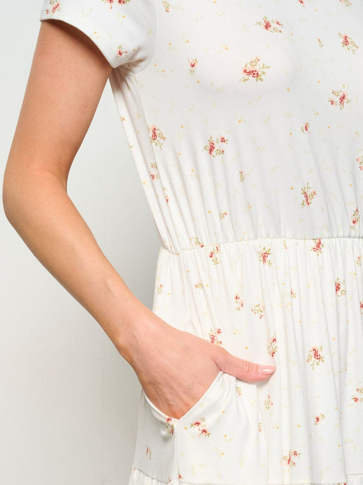 WOMEN'S SHORT SLEEVE ELASTIC WAIST POCKETS FLORAL MINI DRESS