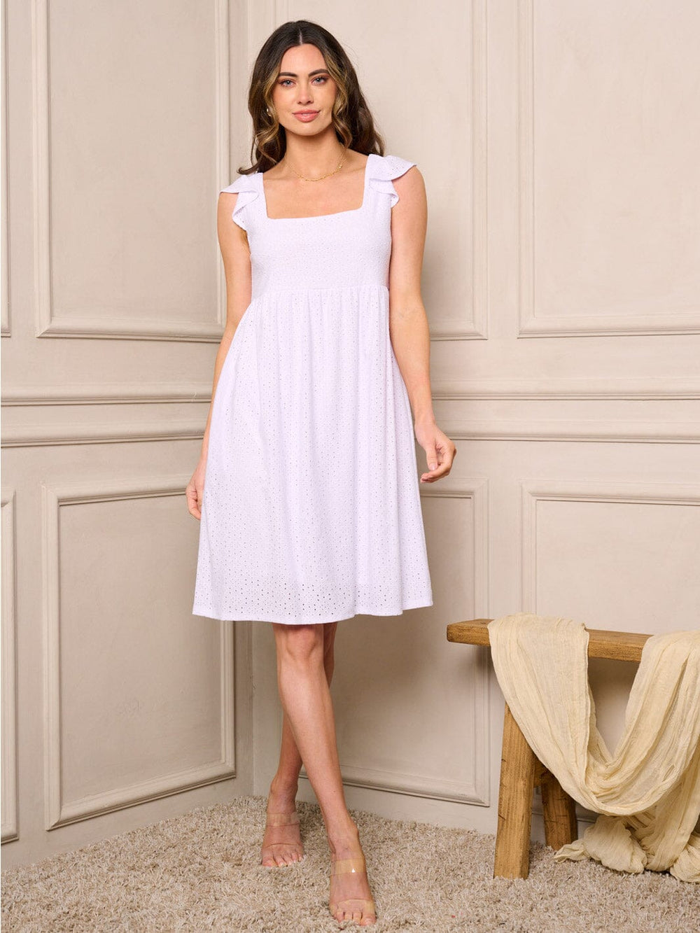 WOMEN'S SLEEVELESS SMOCK RUFFLE FIT & FLARE MINI DRESS