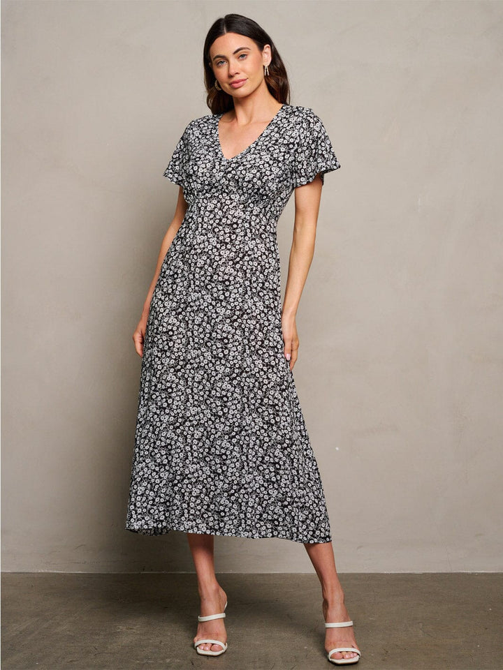 WOMEN'S SHORT SLEEVE V-NECK FLORAL MAXI DRESS