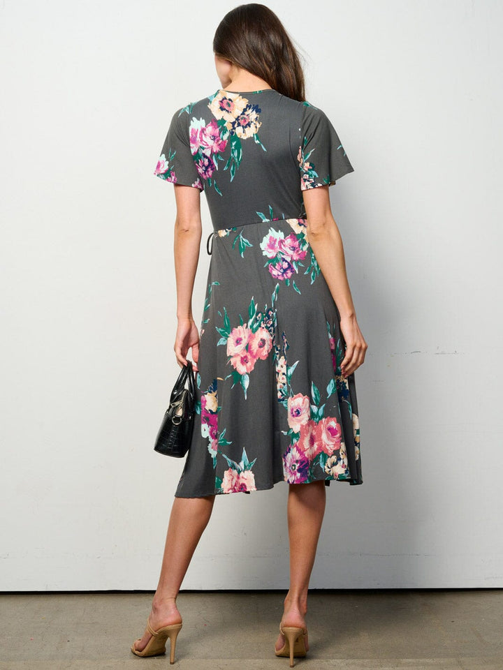 WOMEN'S SHORT SLEEVE SURPLICE ELASTIC WAIST FLORAL MIDI DRESS