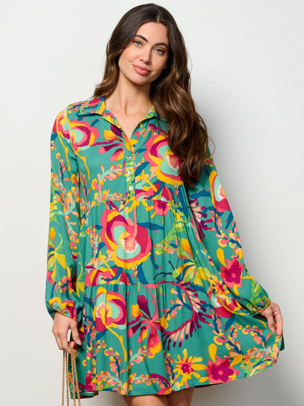 WOMEN'S LONG SLEEVE BUTTON UP TUNIC FLORAL MINI DRESS