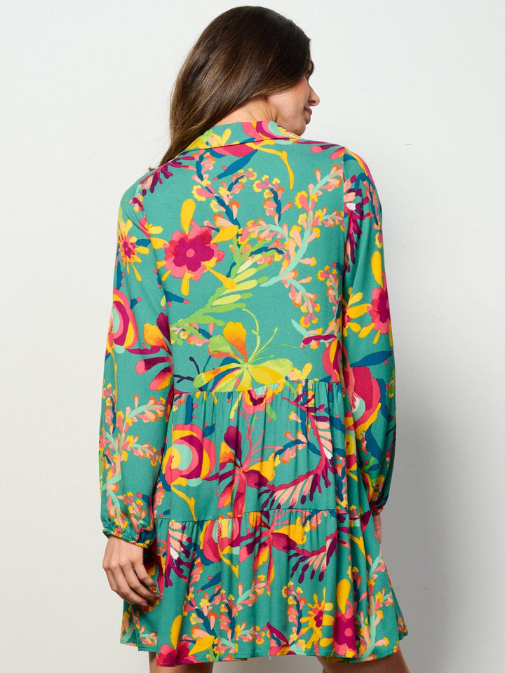 WOMEN'S LONG SLEEVE BUTTON UP TUNIC FLORAL MINI DRESS
