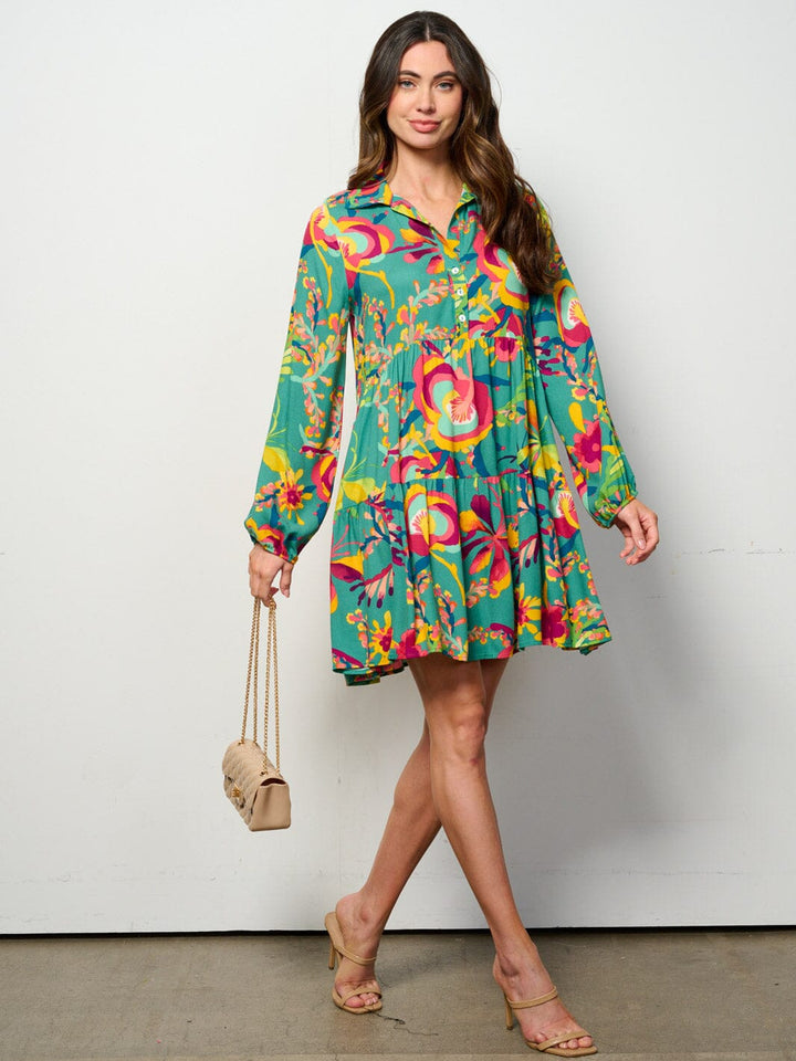 WOMEN'S LONG SLEEVE BUTTON UP TUNIC FLORAL MINI DRESS