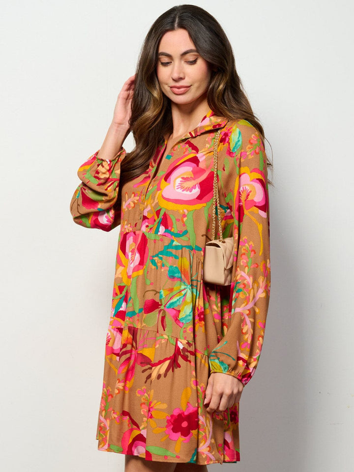 WOMEN'S LONG SLEEVE BUTTON UP TUNIC FLORAL MINI DRESS