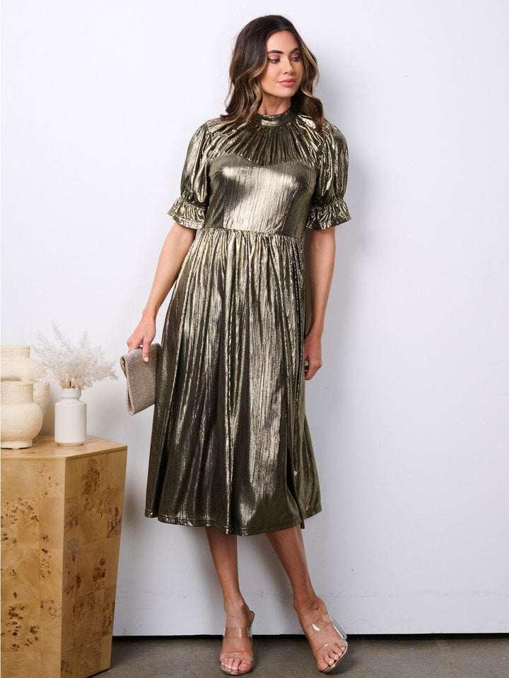 WOMEN'S SHORT SLEEVE MOCK NECK OPEN BACK SHIMMER MIDI DRESS