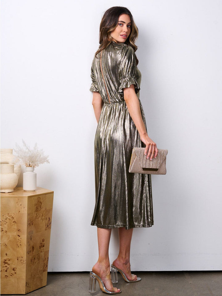 WOMEN'S SHORT SLEEVE MOCK NECK OPEN BACK SHIMMER MIDI DRESS