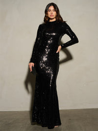 WOMEN'S LONG SLEEVE BODYCON OPEN BACK SEQUINS MAXI DRESS