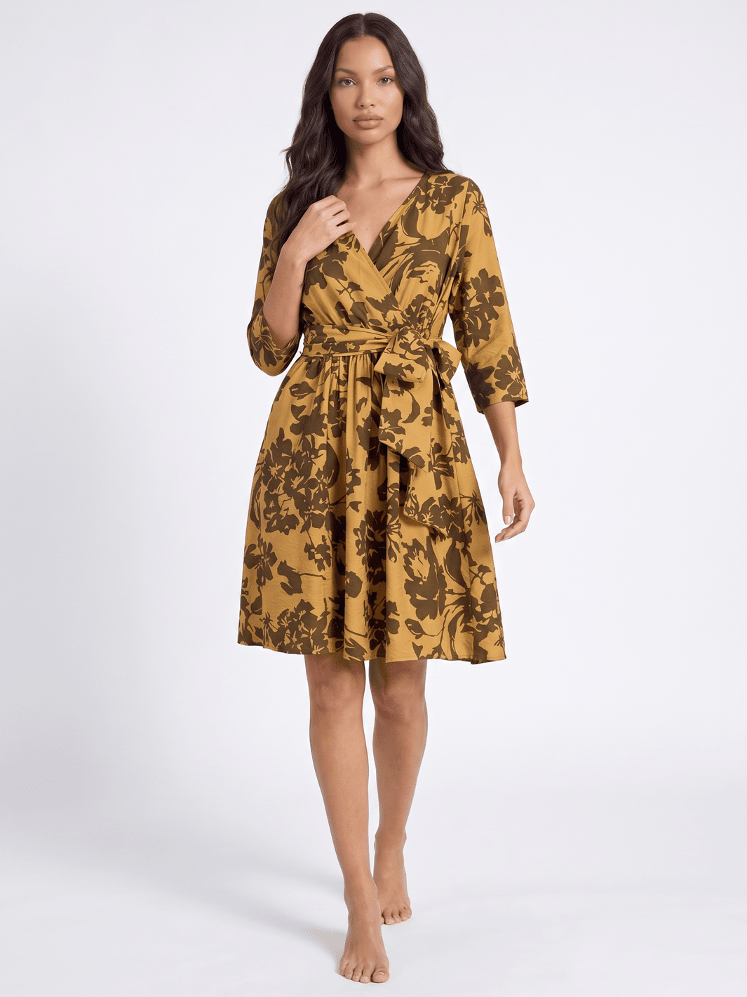 WOMEN'S SHORT SLEEVE SURPLICE ELASTIC WAIST FRONT POCKETS MULTI PRINT MINI DRESS