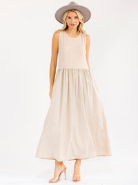 WOMEN'S SLEEVELESS FRONT POCKETS ELASTIC WAIST CONTRAST MAXI DRESS