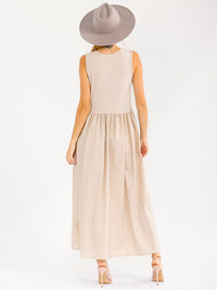 WOMEN'S SLEEVELESS FRONT POCKETS ELASTIC WAIST CONTRAST MAXI DRESS