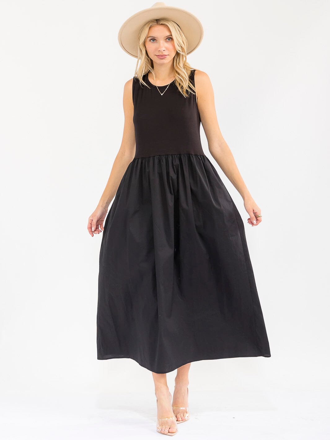 WOMEN'S SLEEVELESS FRONT POCKETS ELASTIC WAIST CONTRAST MAXI DRESS