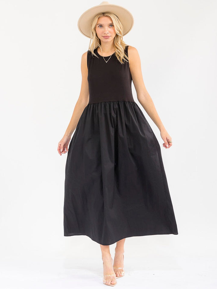 WOMEN'S SLEEVELESS FRONT POCKETS ELASTIC WAIST CONTRAST MAXI DRESS
