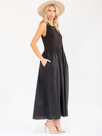 WOMEN'S SLEEVELESS FRONT POCKETS ELASTIC WAIST CONTRAST MAXI DRESS