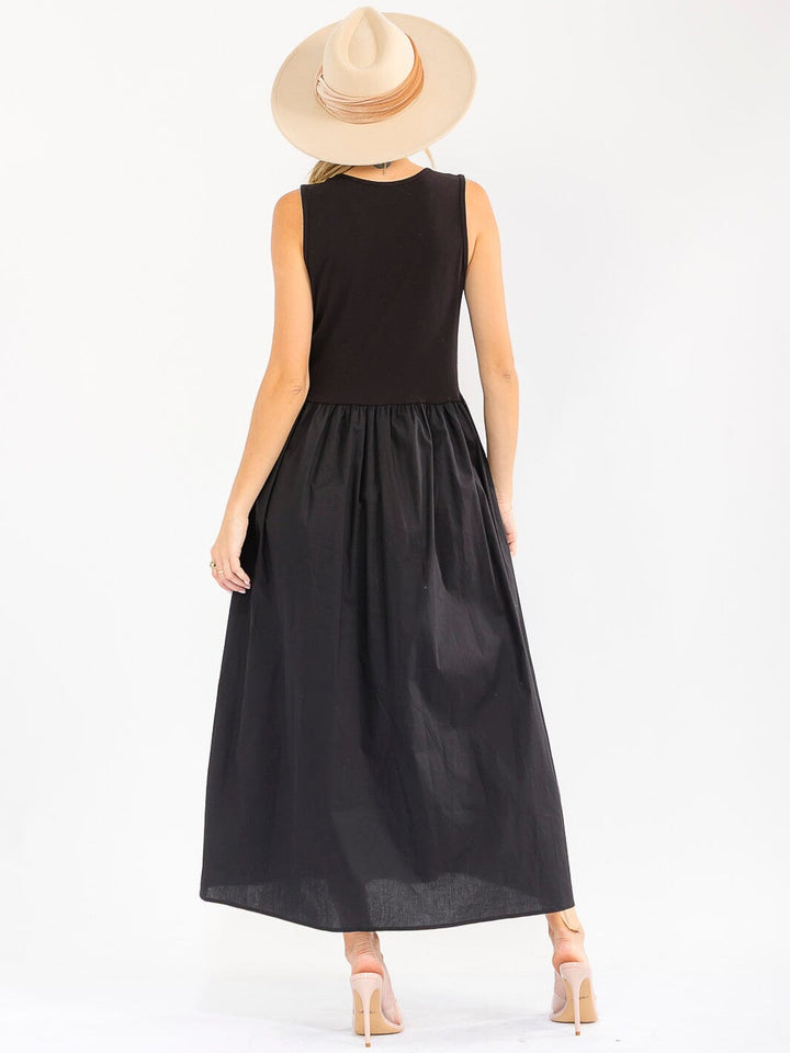 WOMEN'S SLEEVELESS FRONT POCKETS ELASTIC WAIST CONTRAST MAXI DRESS