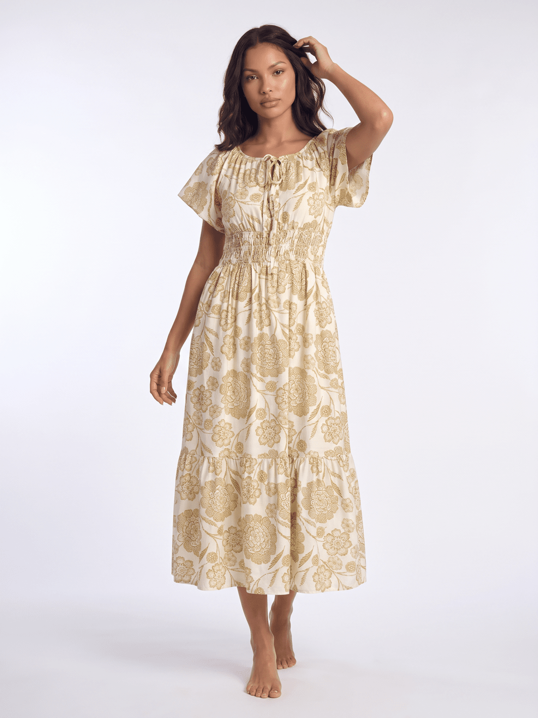WOMEN'S SHORT PUFF SLEEVE V-NECK FRONT POCKETS SMOCK WAIST MULTI PRINT MAXI DRESS