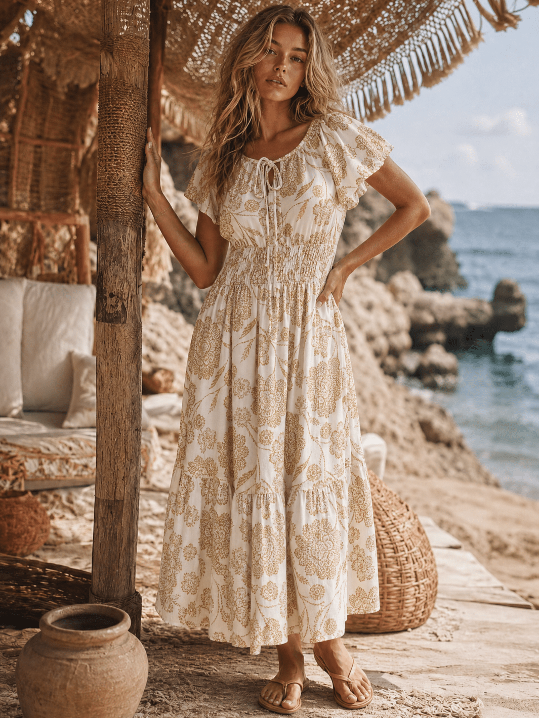 WOMEN'S SHORT PUFF SLEEVE V-NECK FRONT POCKETS SMOCK WAIST MULTI PRINT MAXI DRESS