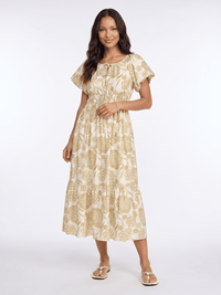 WOMEN'S SHORT PUFF SLEEVE V-NECK FRONT POCKETS SMOCK WAIST MULTI PRINT MAXI DRESS