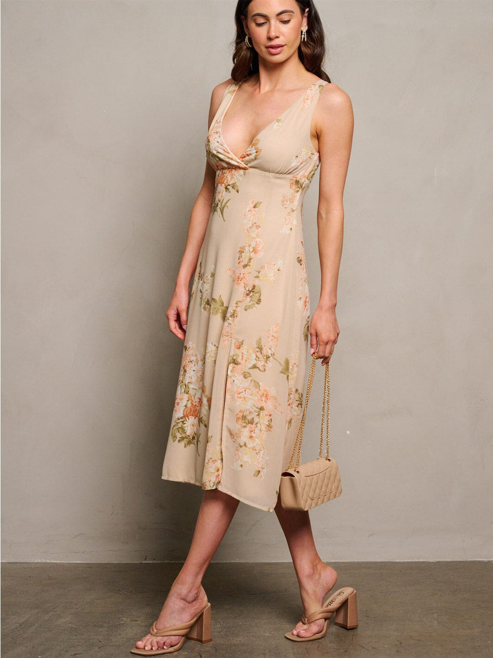 WOMEN'S SLEEVELESS V-NECK FRONT SLIT FLORAL MIDI DRESS