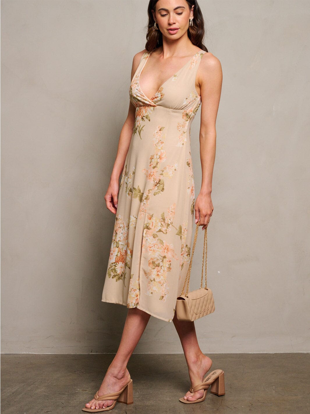 WOMEN'S SLEEVELESS V-NECK FRONT SLIT FLORAL MIDI DRESS