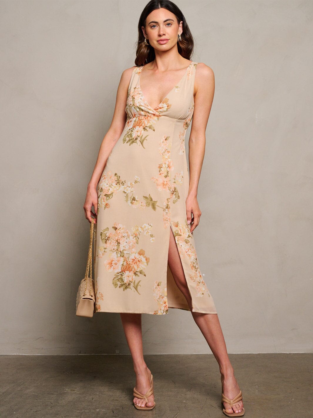 WOMEN'S SLEEVELESS V-NECK FRONT SLIT FLORAL MIDI DRESS