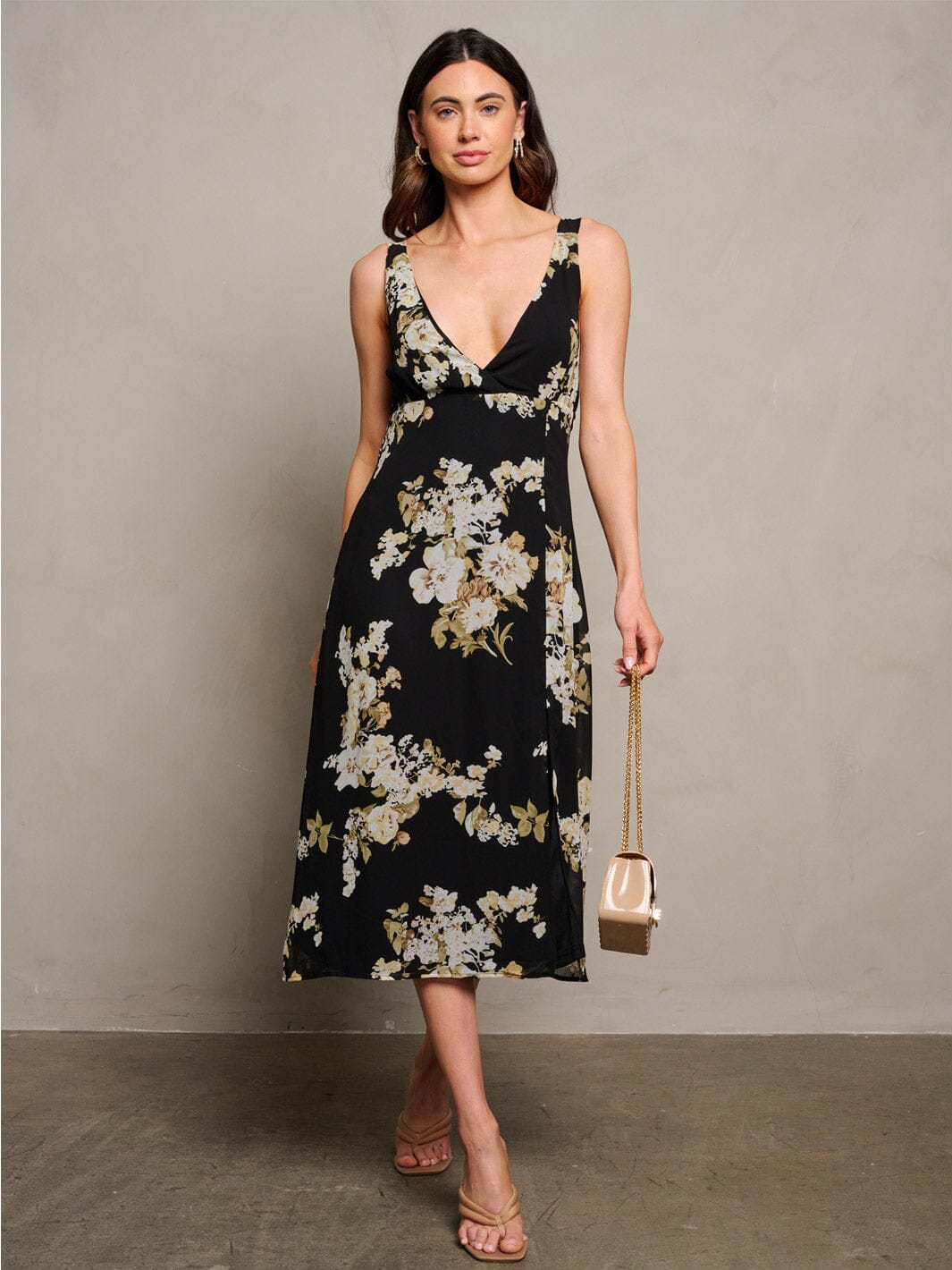 WOMEN'S SLEEVELESS V-NECK FRONT SLIT FLORAL MIDI DRESS