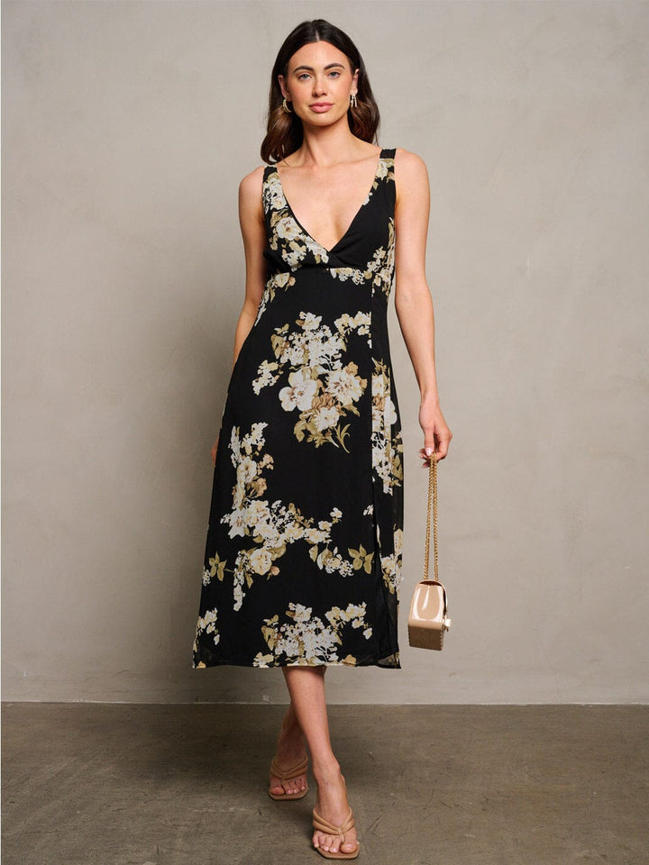WOMEN'S SLEEVELESS V-NECK FRONT SLIT FLORAL MIDI DRESS
