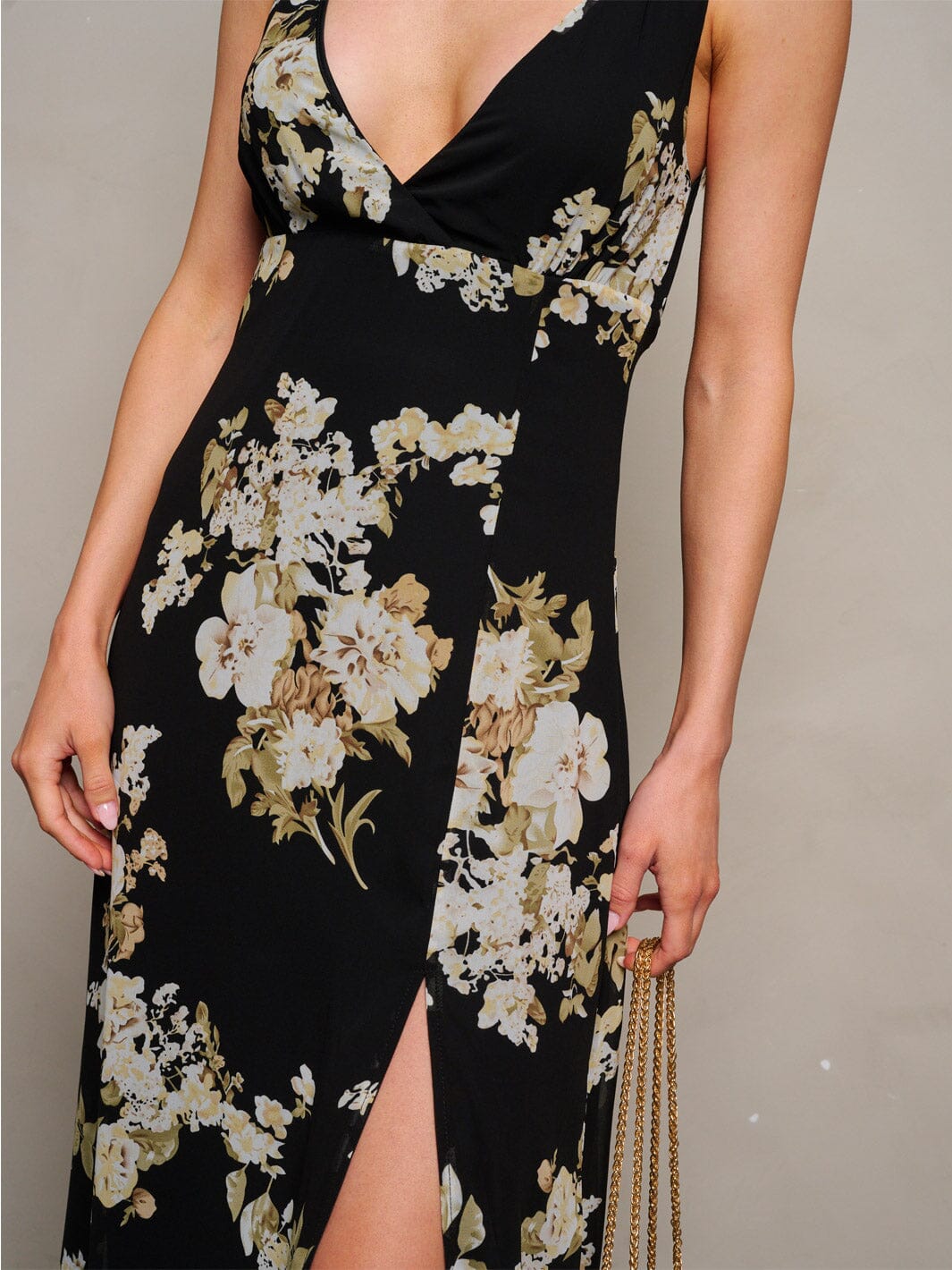 WOMEN'S SLEEVELESS V-NECK FRONT SLIT FLORAL MIDI DRESS