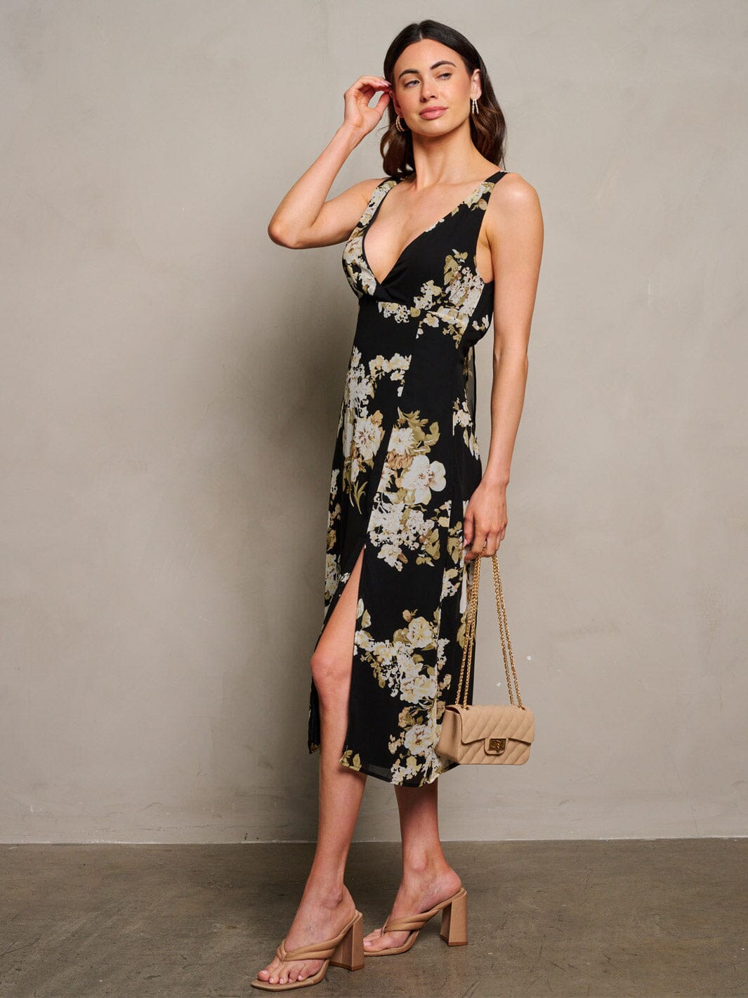 WOMEN'S SLEEVELESS V-NECK FRONT SLIT FLORAL MIDI DRESS