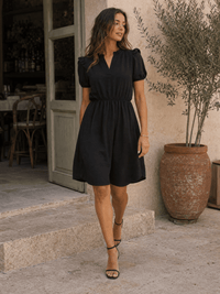 WOMEN'S SHORT SLEEVE V-NECK ELASTIC WAIST FRONT POCKETS MINI DRESS