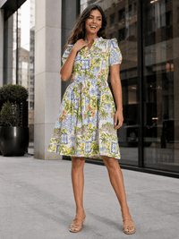 WOMEN'S SHORT SLEEVE V-NECK ELASTIC WAIST FRONT POCKETS MULTI PRINT MINI DRESS