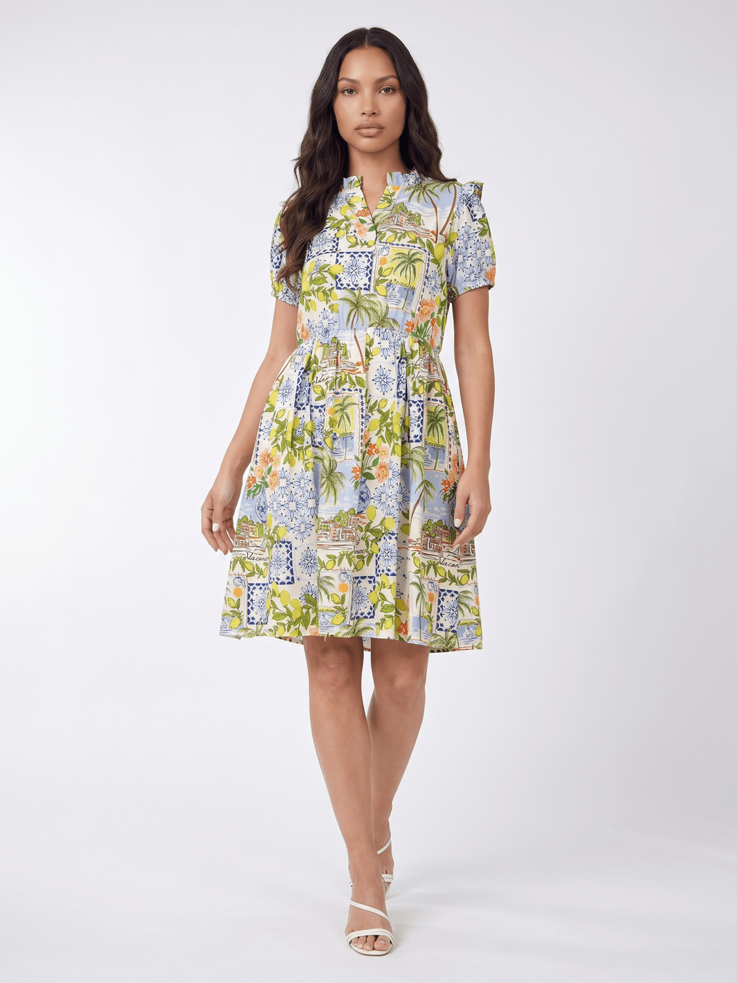 WOMEN'S SHORT SLEEVE V-NECK ELASTIC WAIST FRONT POCKETS MULTI PRINT MINI DRESS