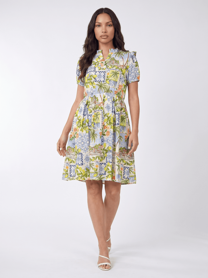 WOMEN'S SHORT SLEEVE V-NECK ELASTIC WAIST FRONT POCKETS MULTI PRINT MINI DRESS