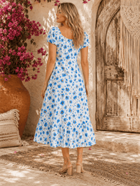 WOMEN'S SHORT SLEEVE ELASTIC WAIST FRONT POCKETS FLORAL MAXI DRESS