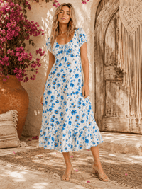 WOMEN'S SHORT SLEEVE ELASTIC WAIST FRONT POCKETS FLORAL MAXI DRESS