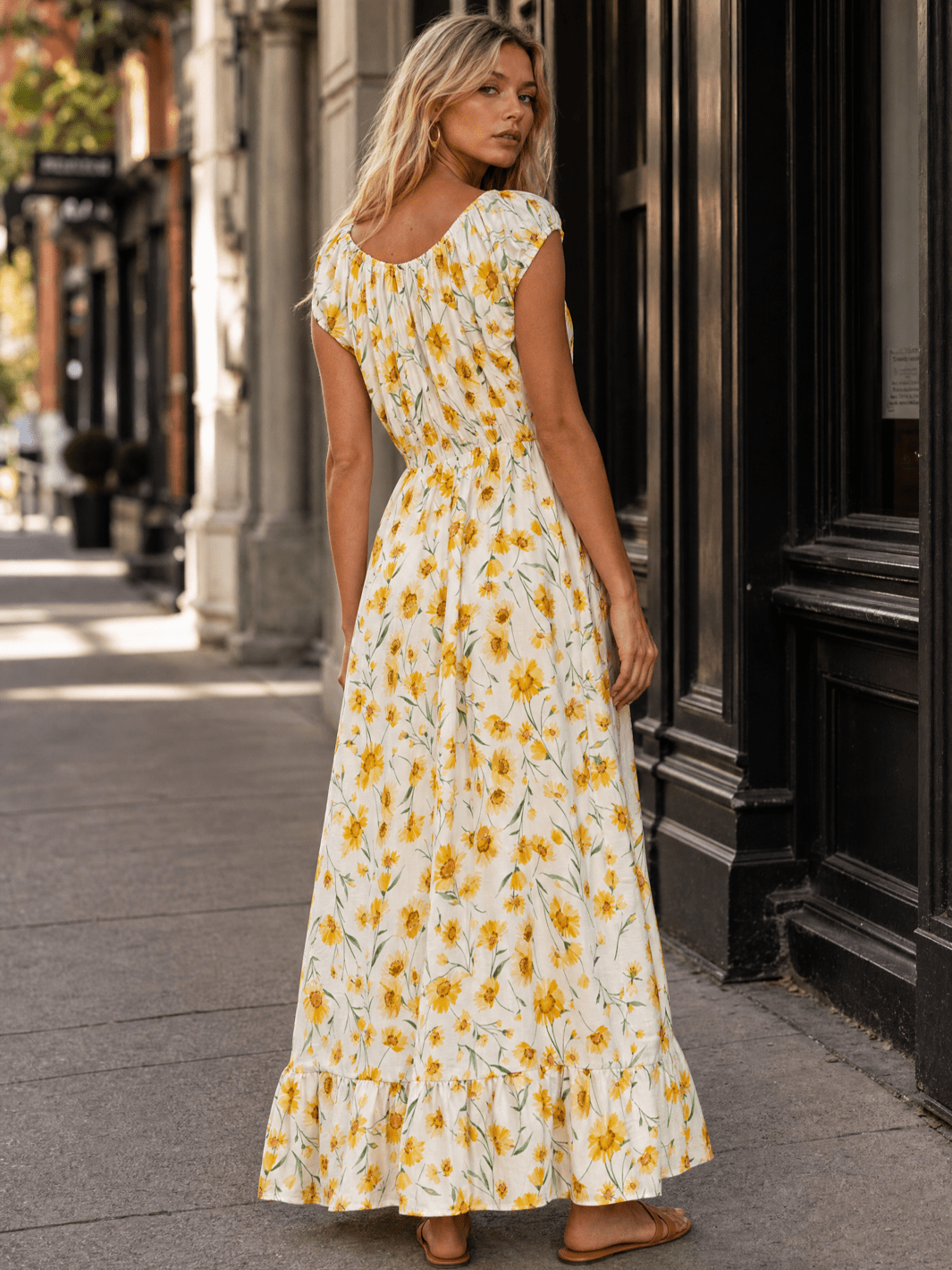 WOMEN'S SHORT SLEEVE ELASTIC WAIST FRONT POCKETS FLORAL MAXI DRESS