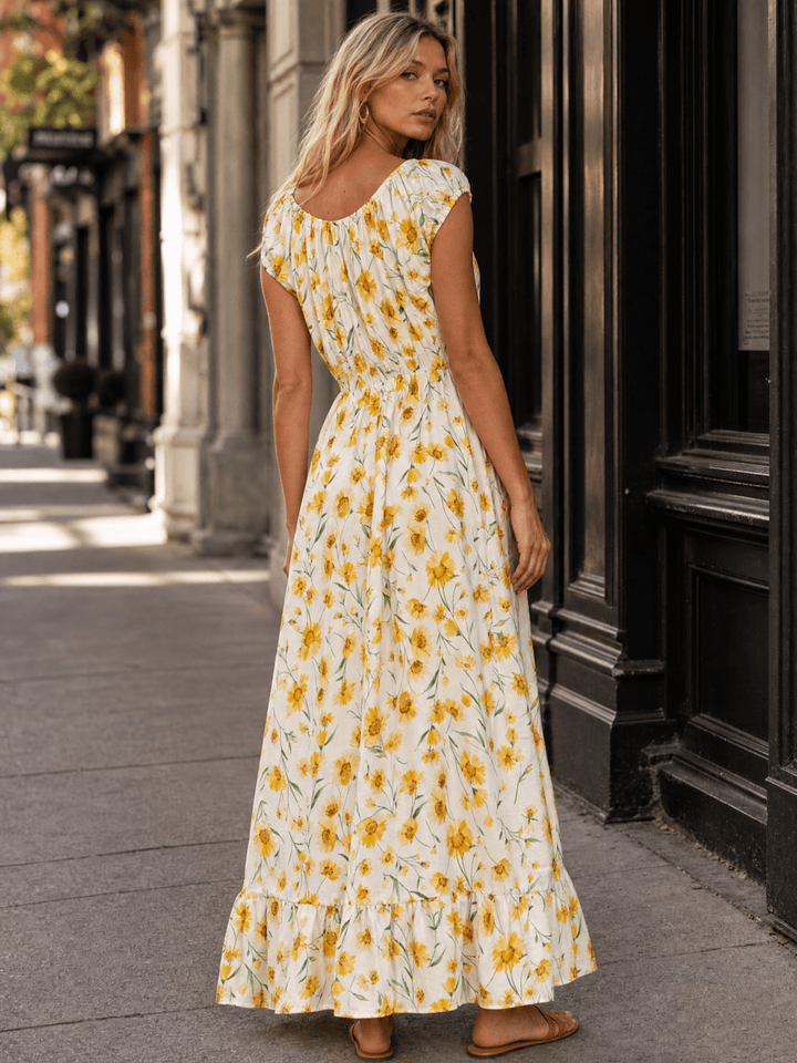 WOMEN'S SHORT SLEEVE ELASTIC WAIST FRONT POCKETS FLORAL MAXI DRESS