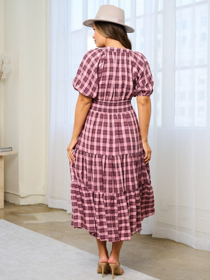 WOMEN'S SHORT SLEEVE V-NECK SMOCK WAIST PLAID MAXI DRESS