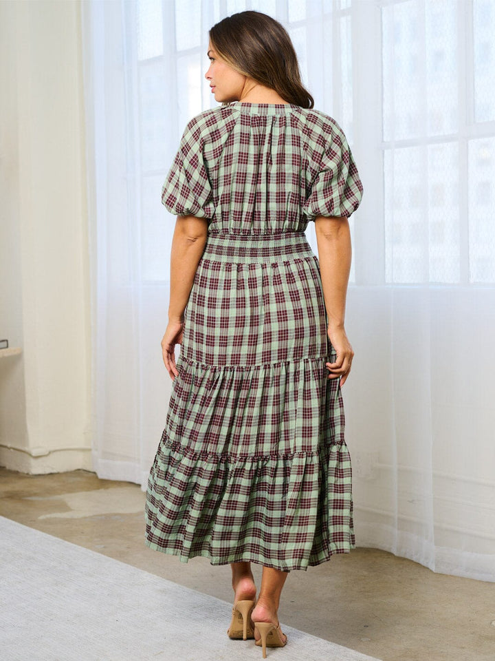 WOMEN'S SHORT SLEEVE V-NECK SMOCK WAIST PLAID MAXI DRESS