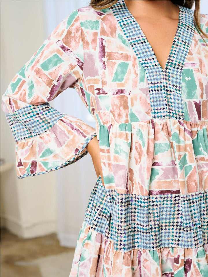 WOMEN'S LONG SLEEVE RUFFLE V-NECK MULTI PRINT TUNIC MINI DRESS