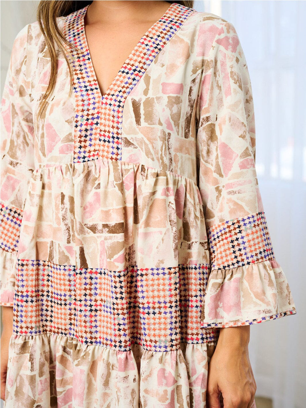 WOMEN'S LONG SLEEVE RUFFLE V-NECK MULTI PRINT TUNIC MINI DRESS